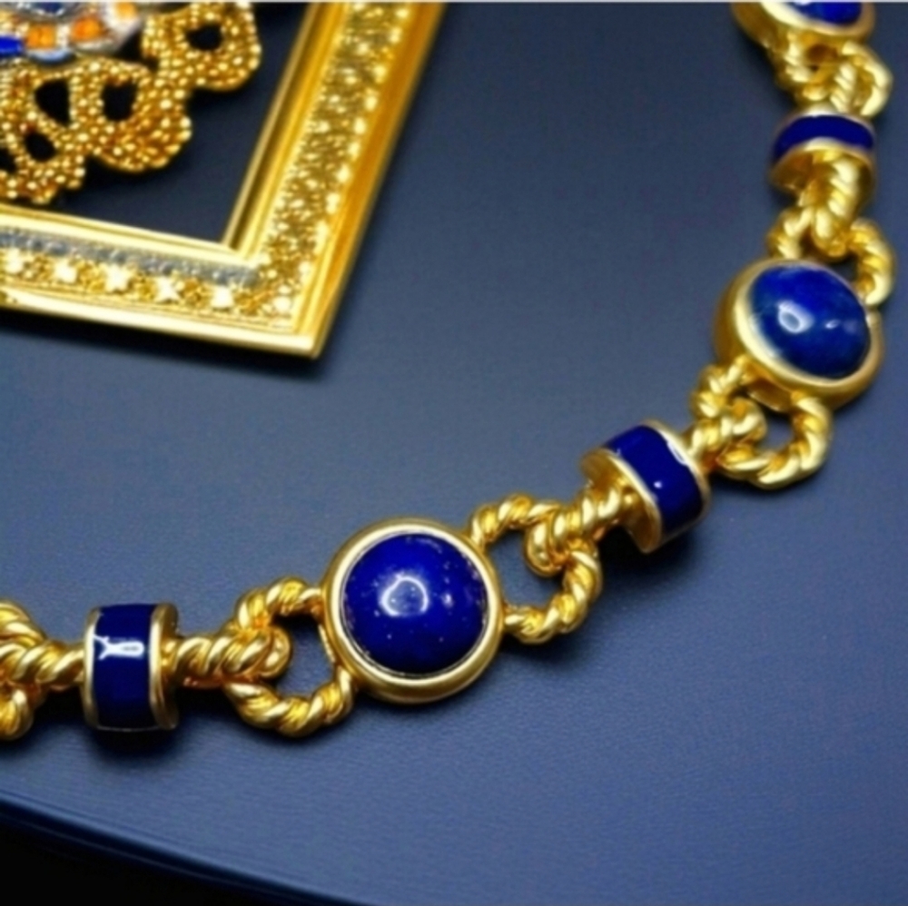 Lapis Lazuli Gold Enamel Byzantine Etruscan Vintage Style Statement Necklace - Picture 2 of 5